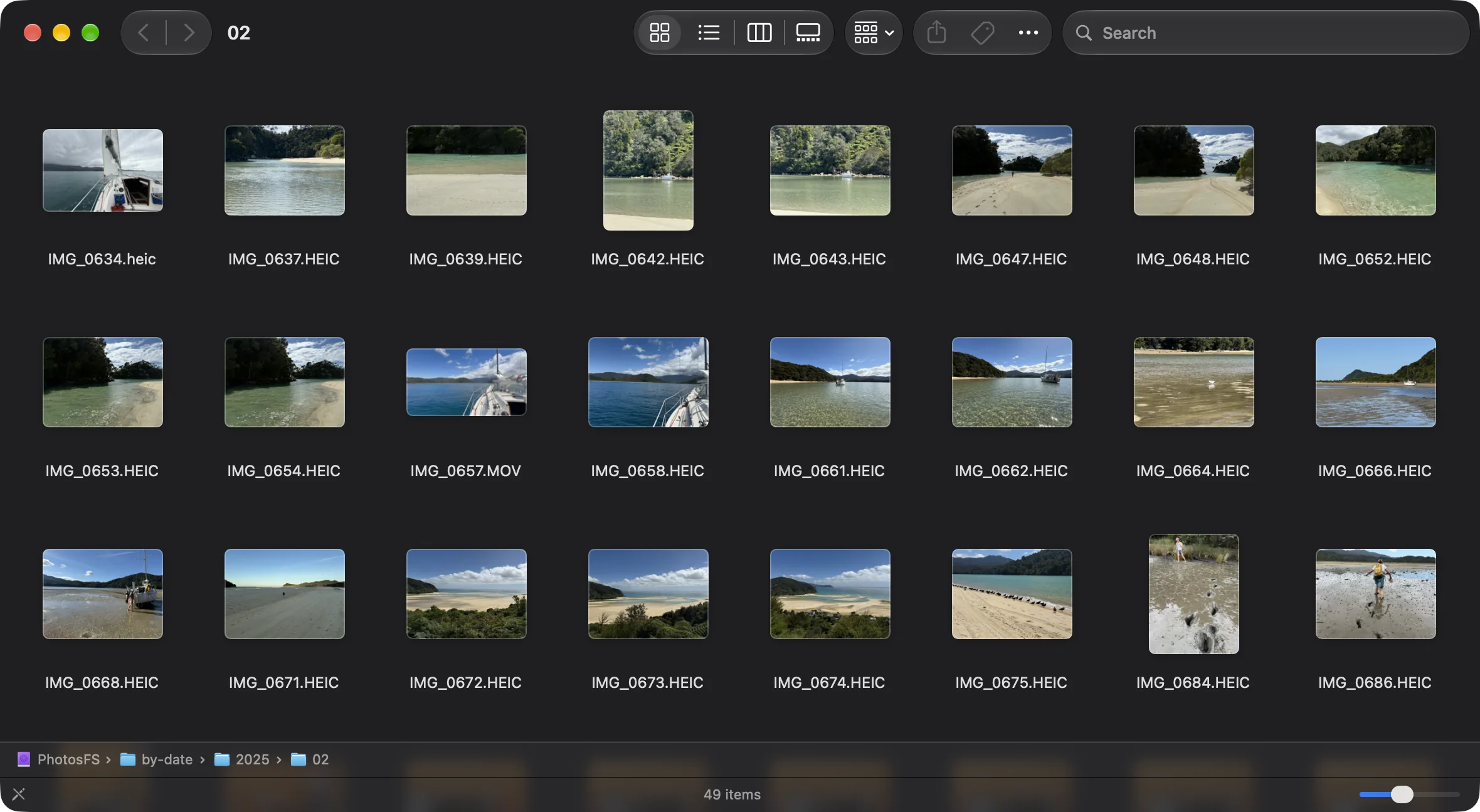 A Finder window on the PhotosFS disk, showing February 2025 as a grid of photo thumbnails, with the path PhotosFS, by-date, 2025, 02 along the bottom.